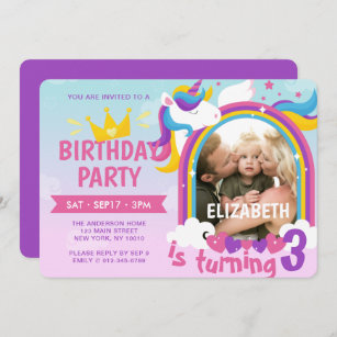 Modern Cute Rainbow Unicorn Photo Birthday Invitation