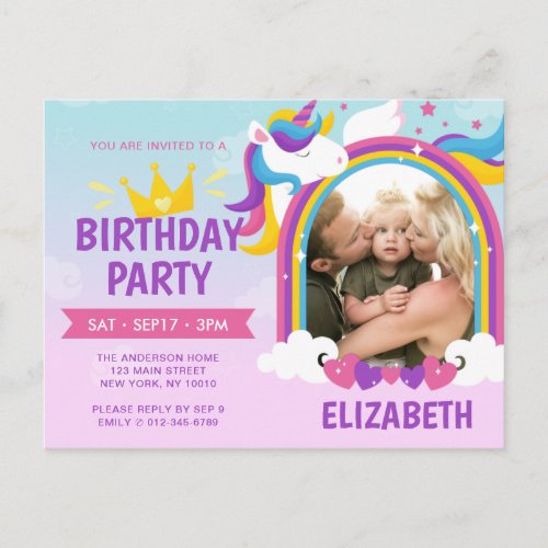 Modern Cute Rainbow Unicorn Photo Birthday Invitation Postcard