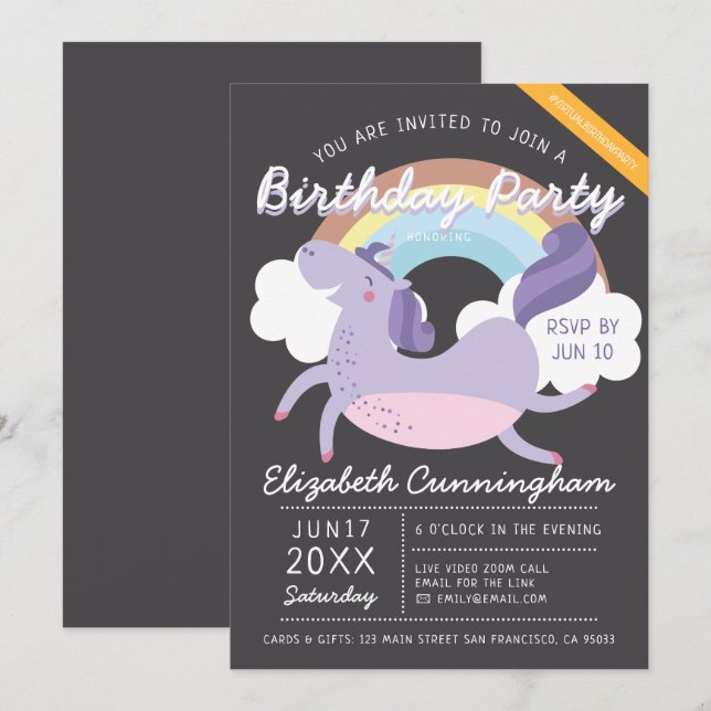 Modern Cute Rainbow Unicorn Virtual Birthday Party Invitation (Front/Back)