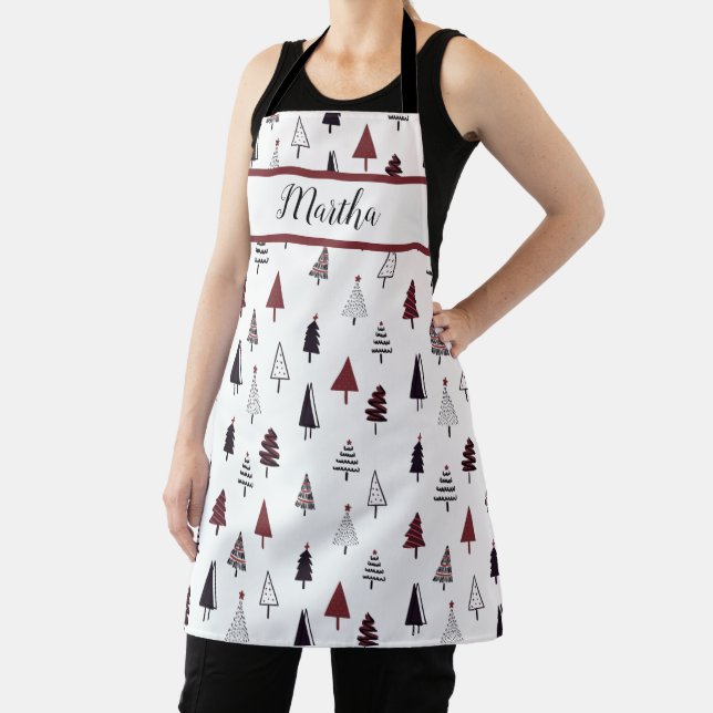 Modern Cute Red and Black Abstract Christmas Trees Apron (Insitu)