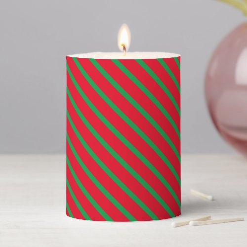 Modern cute red green diagonal stripes Christmas  Pillar Candle