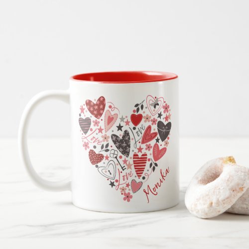 Modern Cute Red Hearts _ Love Monogram Two_Tone Coffee Mug