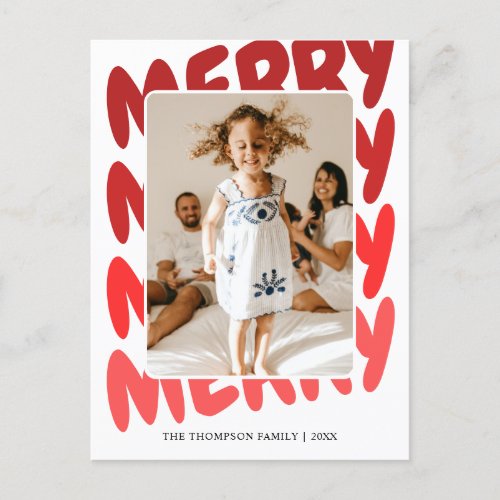 Modern Cute Red Ombre Merry Christmas Photo Holiday Postcard