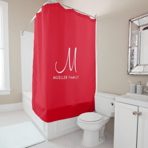 Modern Cute Red Solid Color Template Family Name Shower Curtain