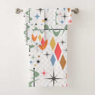 Modern cute retro atomic starbursts line art white bath towel set
