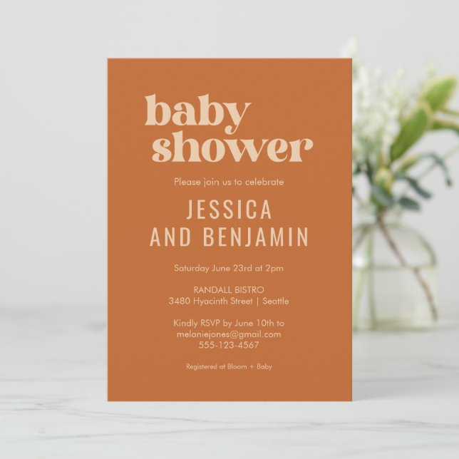 Modern Cute Retro Boho Terracotta Baby Shower Invitation (Standing Front)