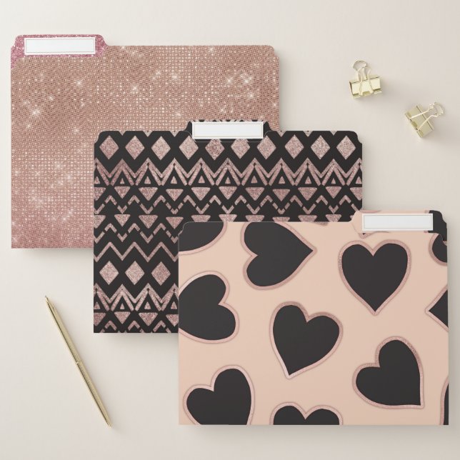 Modern Cute Rose Gold Black Hearts Pattern Blush File Folder (Set)