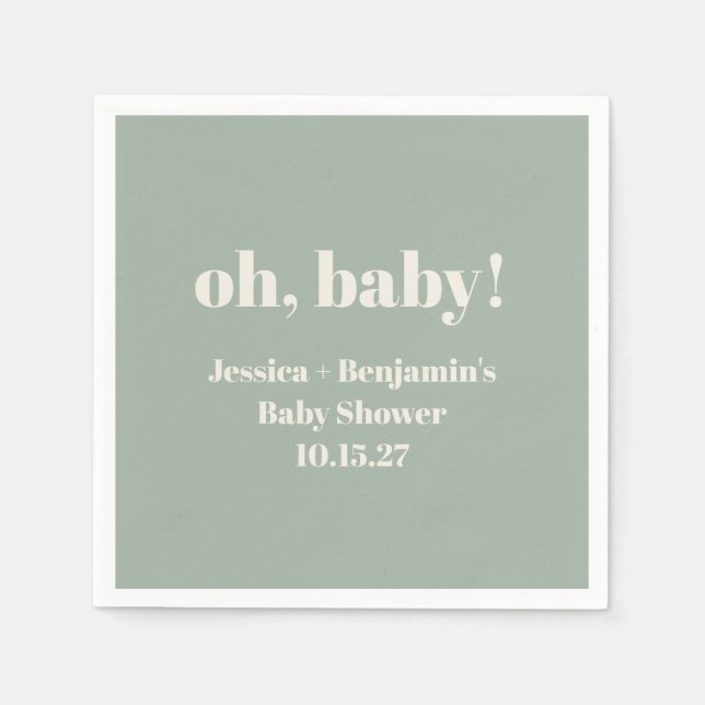 Modern Cute Sage Green Baby Shower Custom Name Napkins (Front)