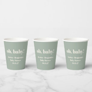 Modern Cute Sage Green Baby Shower Custom Name Paper Cups