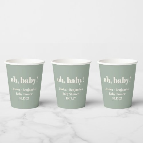 Modern Cute Sage Green Baby Shower Custom Name Paper Cups