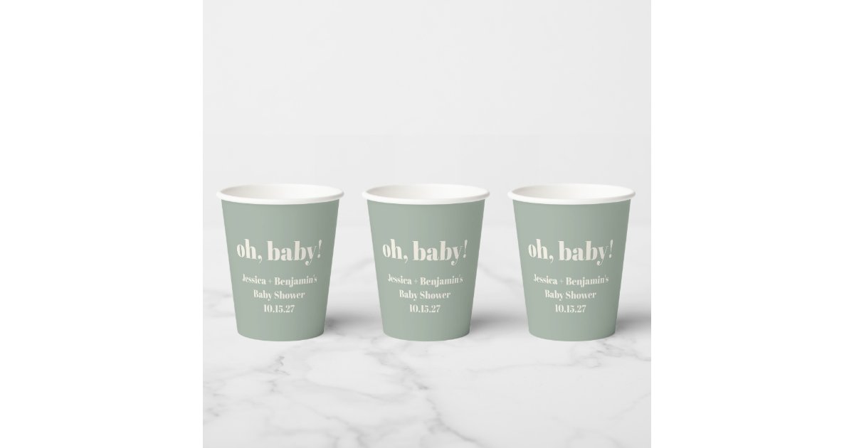 Modern Cute Sage Green Baby Shower Custom Name Paper Cups | Zazzle