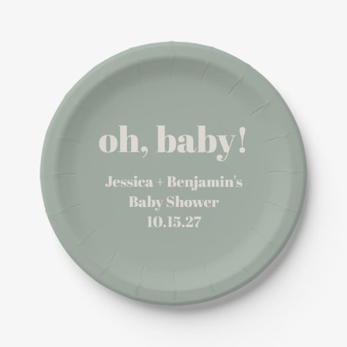 Modern Cute Sage Green Baby Shower Custom Name Paper Plates