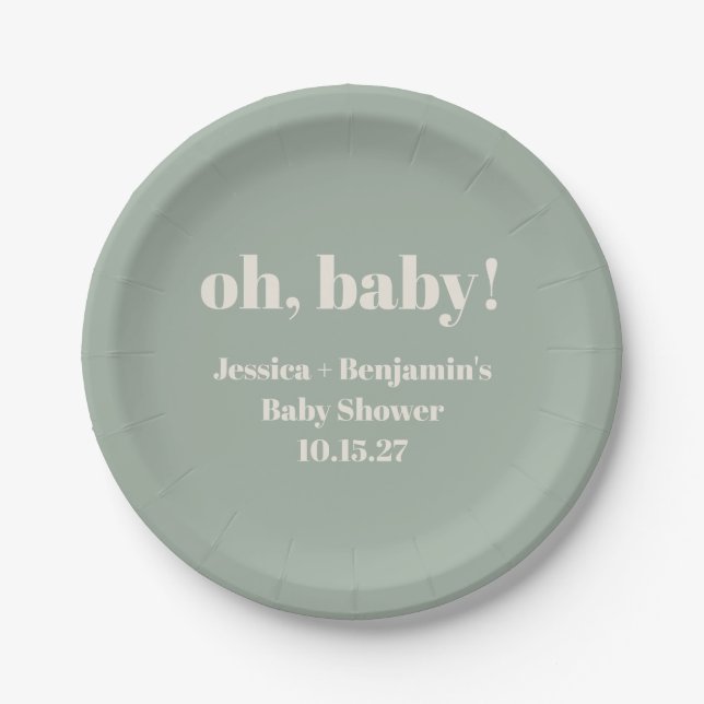 Modern Cute Sage Green Baby Shower Custom Name Paper Plates (Front)