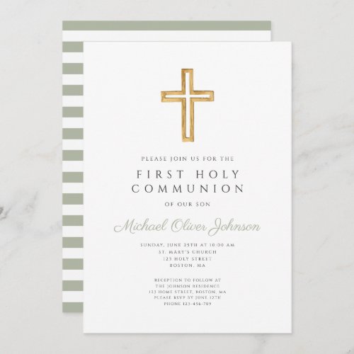 Modern Cute Sage Green Cross First Communion Invitation