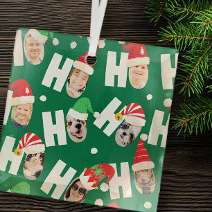 Modern Cute Santa Hats Nine Family Photos Glass Ornament
