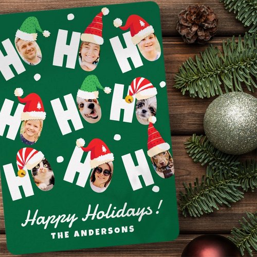 Modern Cute Santa Hats Nine Family Photos Holiday Card