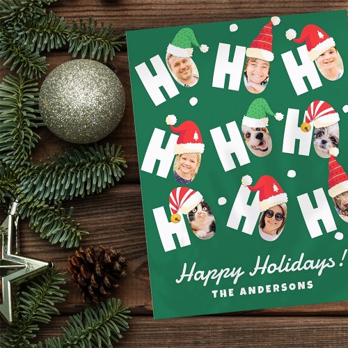Modern Cute Santa Hats Nine Family Photos Holiday Postcard