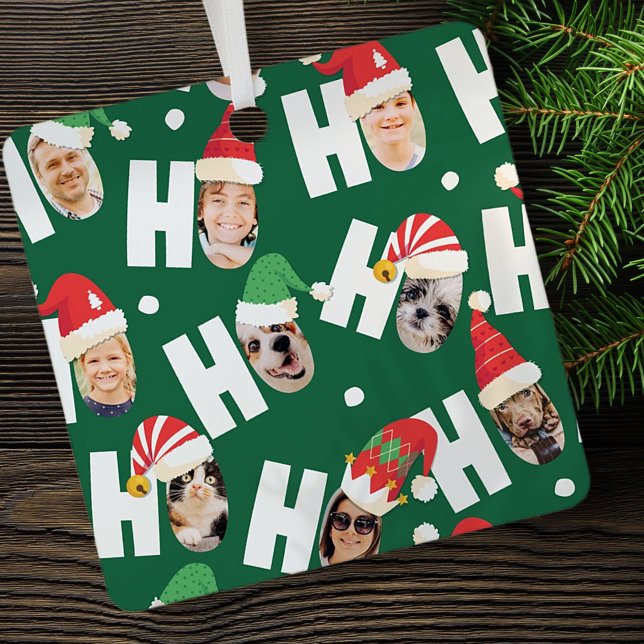 Modern Cute Santa Hats Nine Family Photos Metal Ornament (Creator Uploaded)