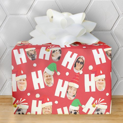Modern Cute Santa Hats Nine Family Photos Wrapping Paper