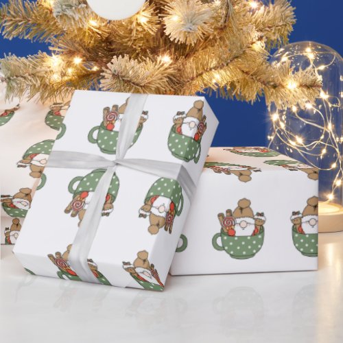 Modern cute Santa in a mug Christmas green brown Wrapping Paper