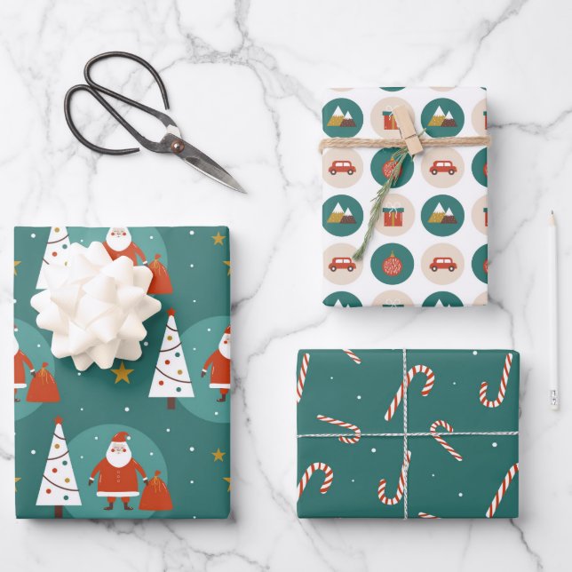 Modern Cute Santa on Christmas Eve Teal Wrapping Paper Sheets (Front)