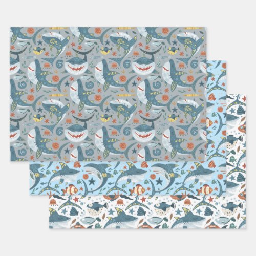 Modern Cute Shark First Second Birthday Favors Wrapping Paper Sheets