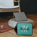Modern Cute Simple Light Blue Monogram Laptop Sleeve<br><div class="desc">Modern laptop case with a light teal blue background and white custom monogram first initial and first name.</div>