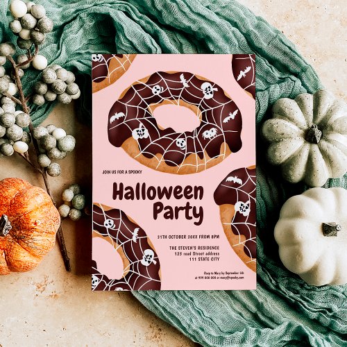 Modern cute spider spooky donuts Halloween party Invitation