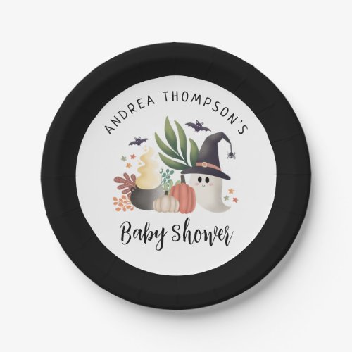 Modern Cute Spooky Ghosts Halloween Baby Shower Paper Plates