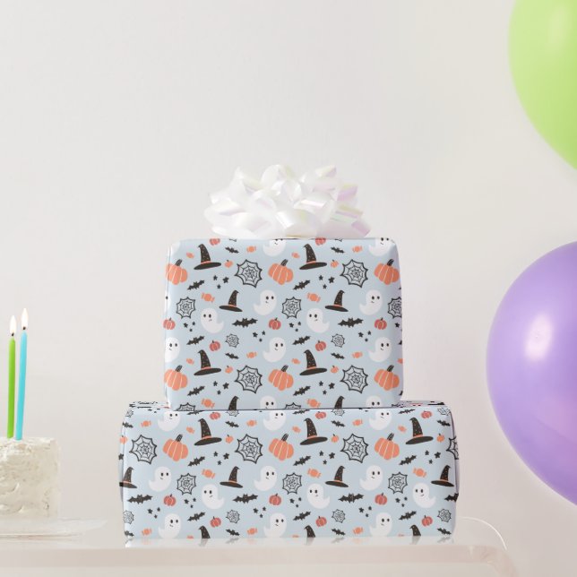 Modern Cute Spooky Halloween Blue Boy Birthday Wrapping Paper (Party Gifts)