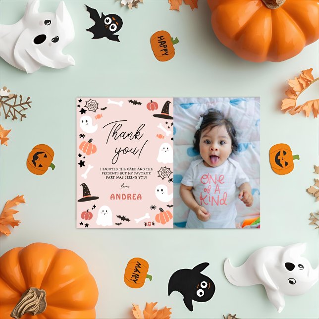 Modern Cute Spooky One Halloween 1st Boo-day Photo Thank You Card (Creator Uploaded)