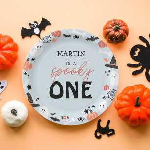 Modern Cute Spooky One Halloween Boy 1st Birthday Paper Plates