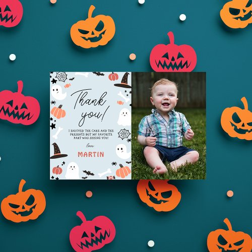 Modern Cute Spooky One Halloween Boy 1st Birthday Thank You Card