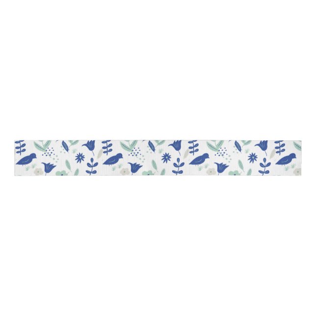 Modern cute spring tulip & bird blue and mint grosgrain ribbon (Front)