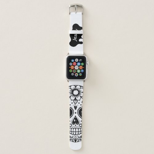 Modern Cute Sugar Skull Flowers Black and White  Apple Watch Band