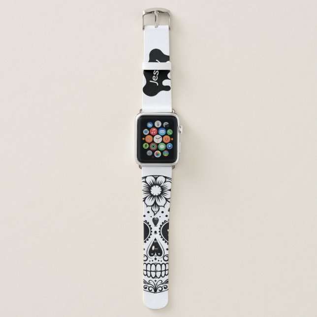 Modern Cute Sugar Skull Flowers Black and White  Apple Watch Band (Front)