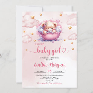 Modern cute teddy bear in bathtub girl baby shower invitation