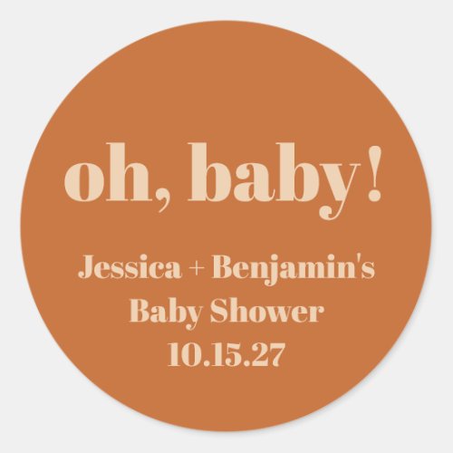 Modern Cute Terracotta Baby Shower Custom Name Classic Round Sticker