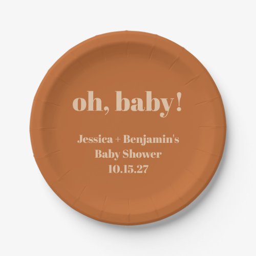 Modern Cute Terracotta Baby Shower Custom Name Paper Plates