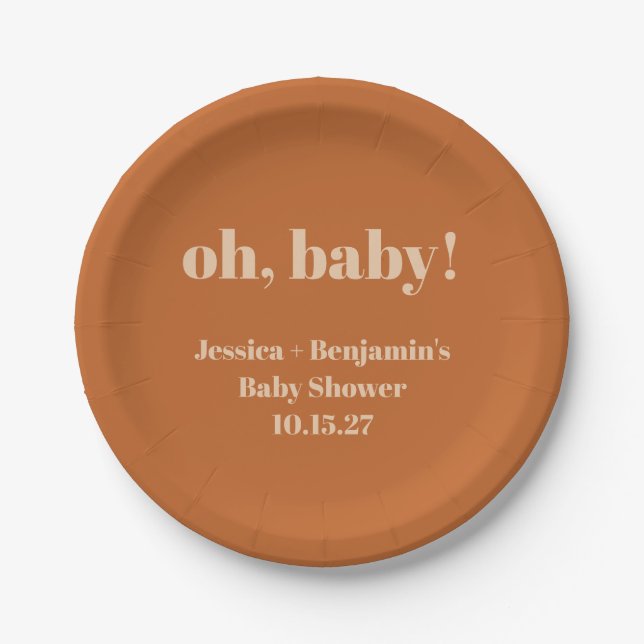 Modern Cute Terracotta Baby Shower Custom Name Paper Plates (Front)