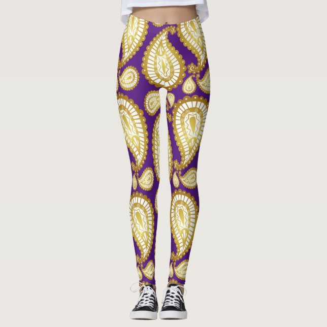 Modern Cute Trendy Elegant Golden Xmas Purple Leggings (Front)