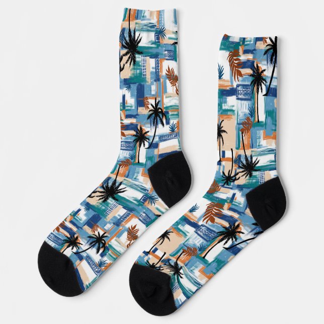 Modern Cute Tropical Checked Pattern Blue  Socks (Left)