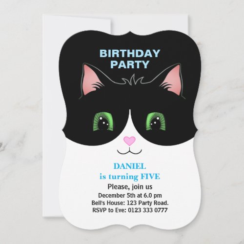 Modern Cute Tuxedo Cat Boy Birthday Invitation