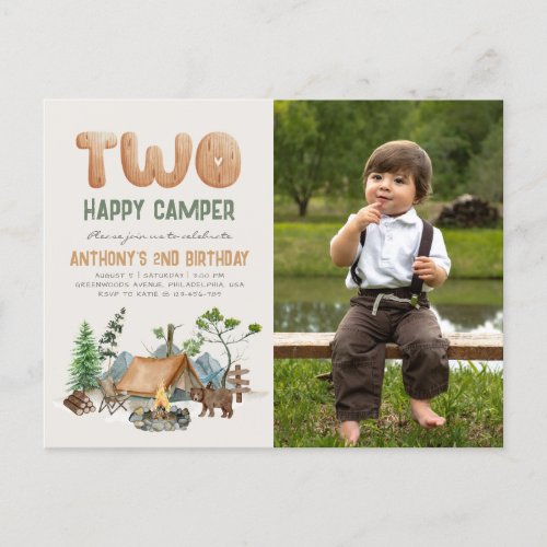 Modern Cute Two Happy Camper Photo 2nd Birthday Postcard