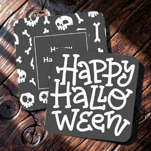 Modern Cute Typography White Skull Happy Halloween Note Card