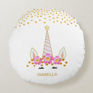 Modern, Cute Unicorn, Flowers & Gold Confetti Round Pillow