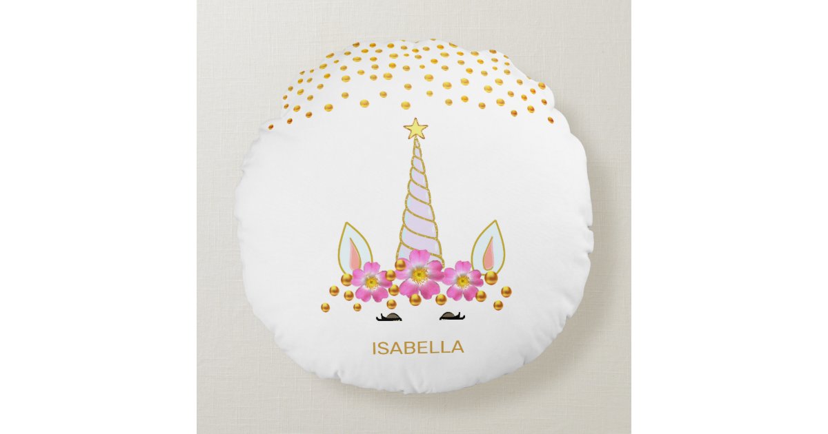 Modern, Cute Unicorn, Flowers & Gold Confetti Round Pillow | Zazzle