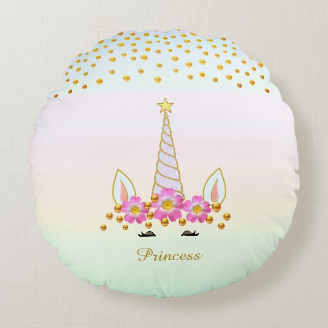 Modern, Cute Unicorn, Flowers & Gold Confetti Round Pillow (Front)