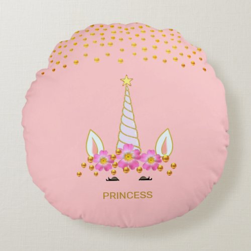 Modern Cute Unicorn Flowers  Gold Confetti Round Pillow