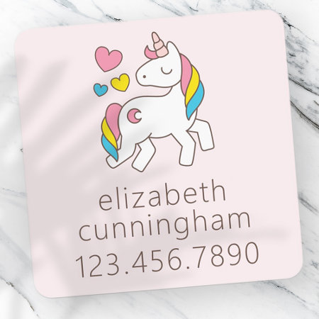 Modern Cute Unicorn Hearts Photo Name Phone Number Kids' Labels